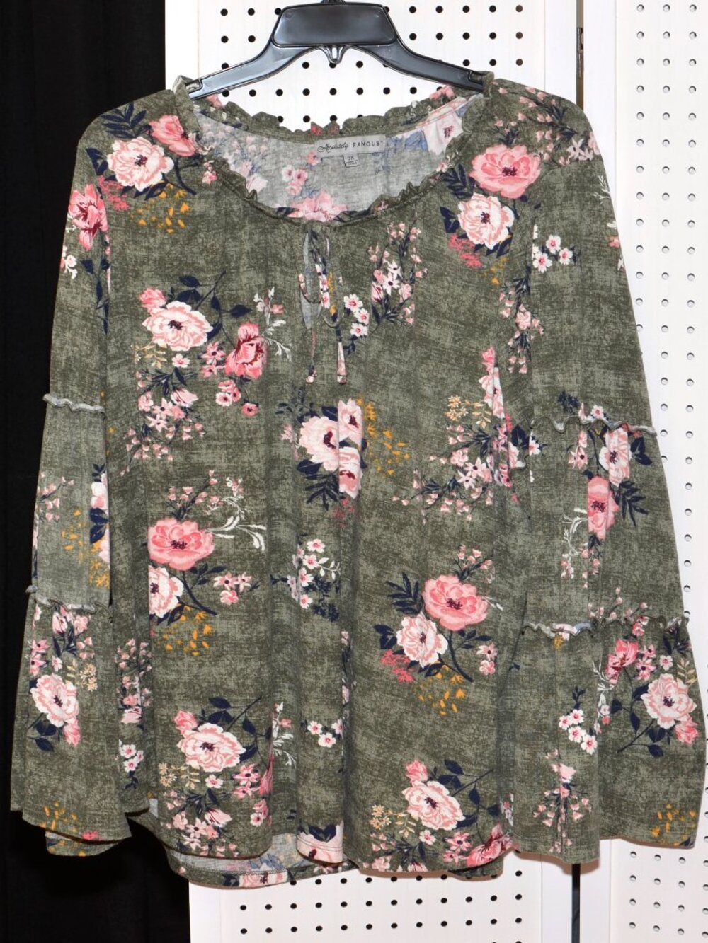 Plus Size 3X Absolutely Famous Olive Green Floral Bell Sleeve Boho Peasant Top